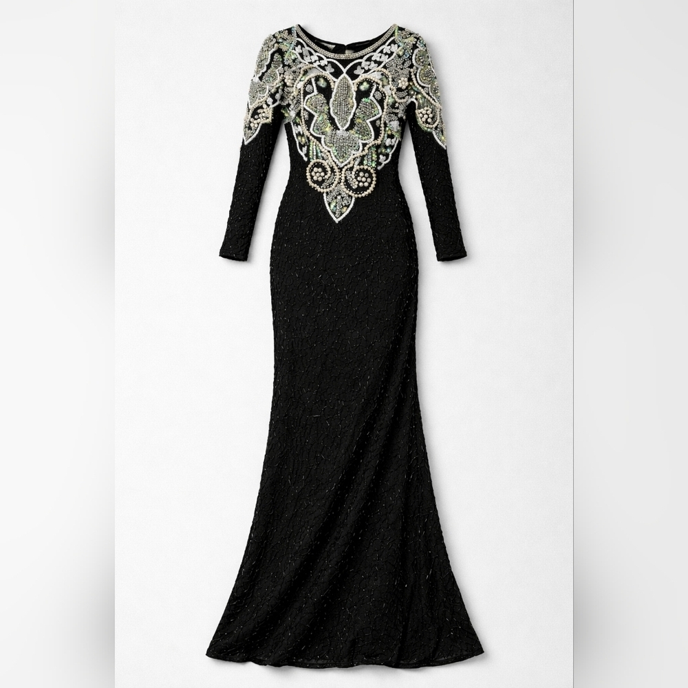 Vingage Elegant Black and Green Sequin Pearl Embellished Dress Silk India